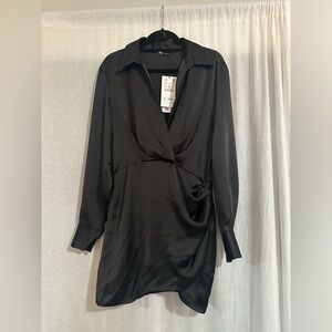 Zara NWT Elegant Black Wrap Dress with collar and cuff sleeves.